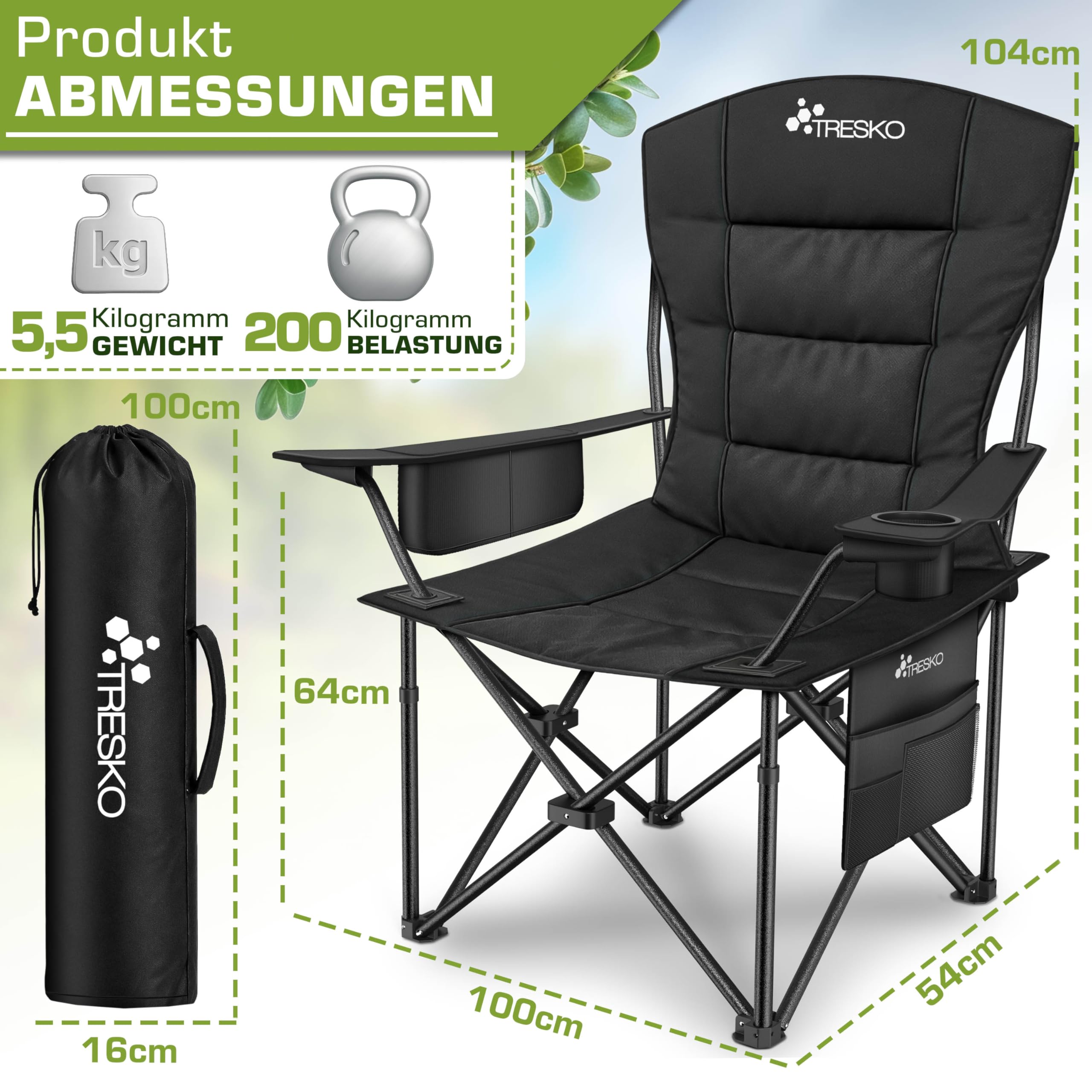 TRESKO® Campingstuhl Faltbar bis 200kg | Faltstuhl mit Kühltasche, Getränkehalter & Seitentasche | Klappstuhl XXL inkl. Tragetasche | Angelstuhl gepolstert für Outdoor, Angeln, Festival & Garten