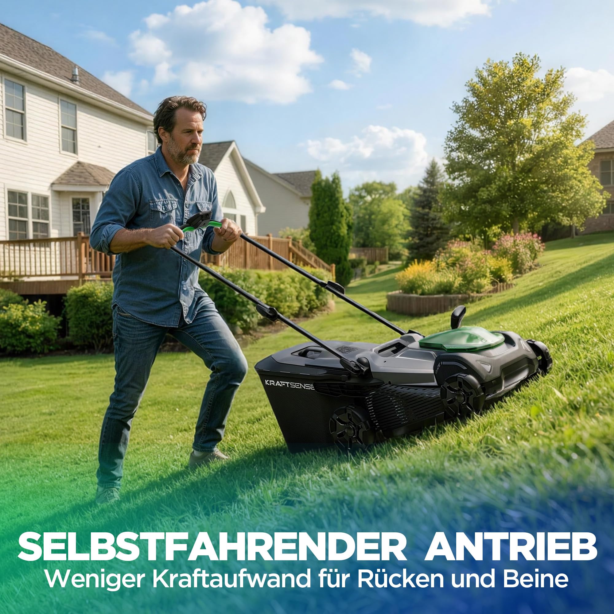 40V Akku-Rasenmäher mit Radantrieb, 43 cm Schnittbreite, bürstenloser Motor, Rasenmäher mit Akku inkl. 2X 5,0 Ah Akkus & Ladegerät, 2-in-1 Mulchmäher & Fangen, für mittelgroße Gärten
