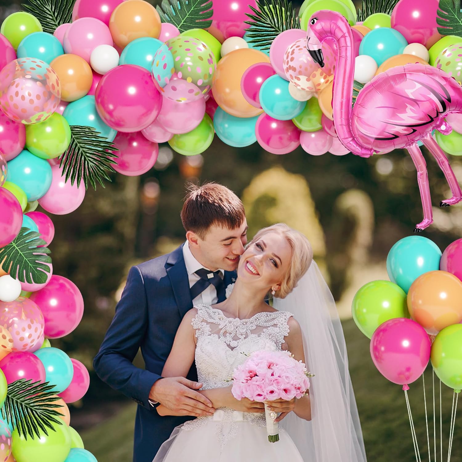 124Pcs Tropical Balloons Arch Garland Kit, Green Hot Pink Rose Gold Confetti Balloons Palm Leaves for Tropical Hawaiian Aloha Luau Flamingo Birthday Party Baby Shower Wedding Decorations
