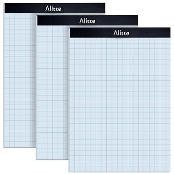 Alitte Graph Paper Pad, Pack of 3, White Letter Size - 2x2 Quad Grid Paper, Easy-Tear Perforations, 8.5 x 11 Cardboard Backing - Graph Notepads for School, Office -50 Sheets per Pad