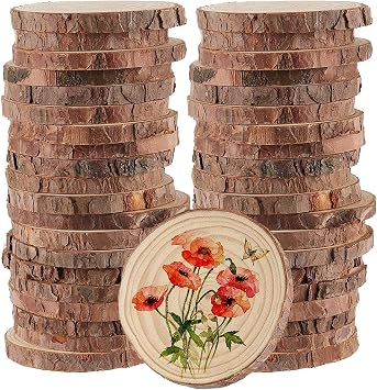HAKZEON 50 PCS 9-10 cm Natural Wood Slices, 1 cm Thick Unfinished Wood Slices for Crafts Rustic Wedding Ornaments, DIY Arts Christmas Home Decor, 3.5-4 Inch