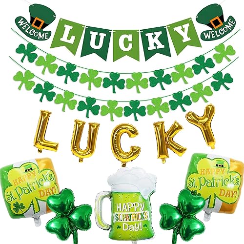 LCHH El juego de decoraciones del Día de San Patricio contiene 1 pancarta de fieltro de la suerte, 2 guirnaldas de adorno de trébol de fieltro, 6