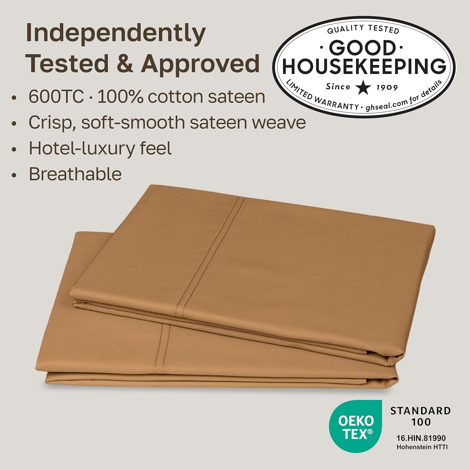 California Design Den 600 TC Set of 2 King Pillowcases, Honey Caramel image 2