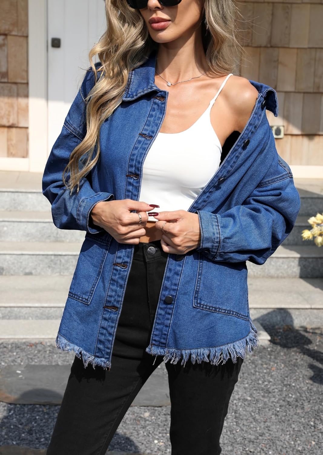 LifeShe Women Oversize Denim Shirt Jacket Frayed Hem Jean Jackets Shacket with Pockets