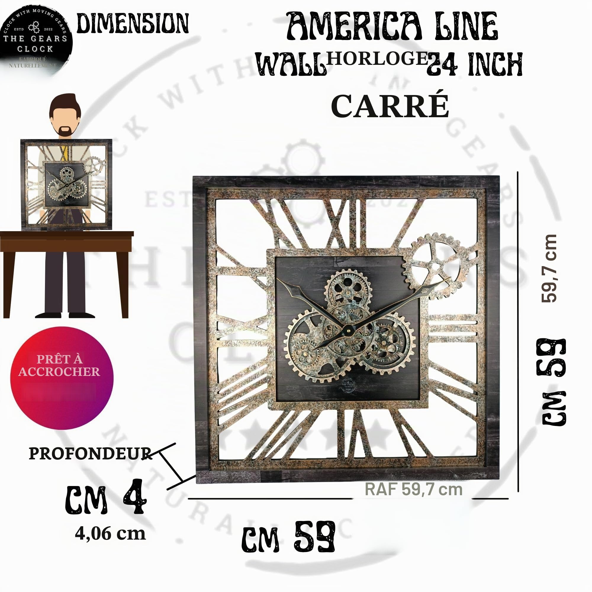 ImprovingLife The Gears Clock Horloge murale carrée de 61 cm à engrenages mobiles réels de style vintage industriel rustique surdimensionné (Noir vintage)