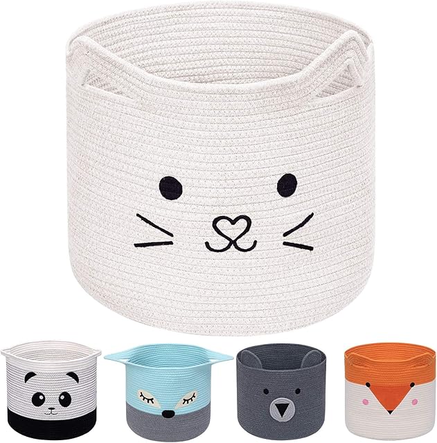 AXHOP Foldable Cotton Rope Laundry Basket, Toy Basket Storage Baskets for Kids, Clothes, Room Décor. Cute Animal Dustproof Washing Baskets for Laundry