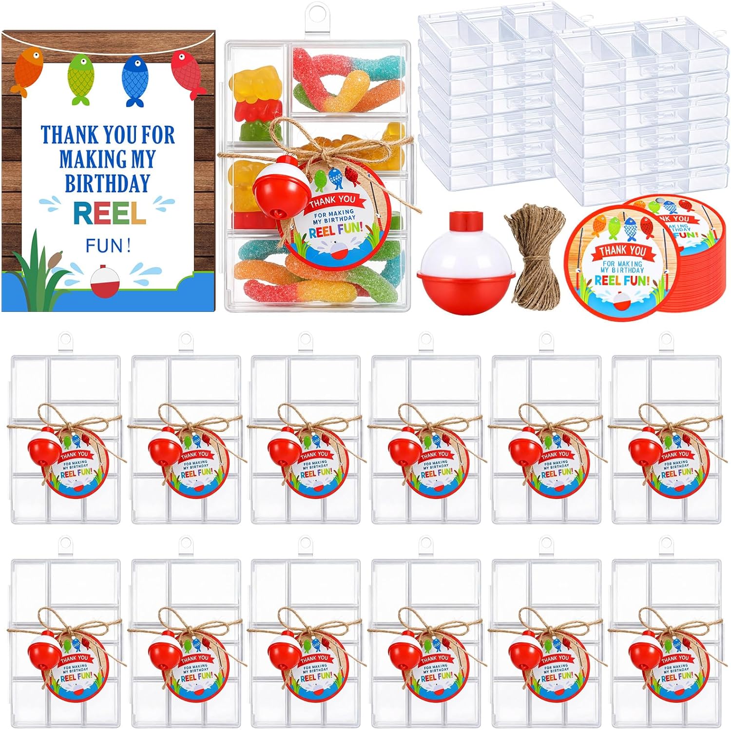 36 Sets Fishing Party Favors Candy Little Tackle Boxes with Red White Floater Thank You Cards Thank You Wooden Table Signs for Making My Birthday Reel Fishing Theme Party Decorations