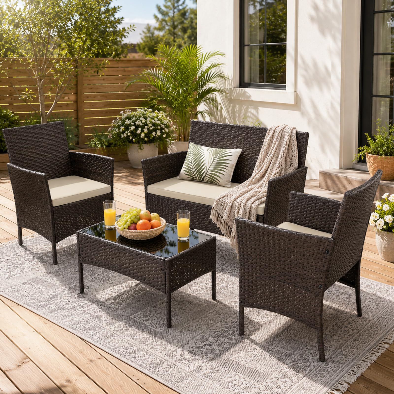 Sulwena Rattan Garden Furniture Set, 4 Piece Outdoor Patio Rattan Garden Sofa Sets with Chairs, Coffee Table, Cushions Weather-Resistant for Backyard, Deck or Conservatory