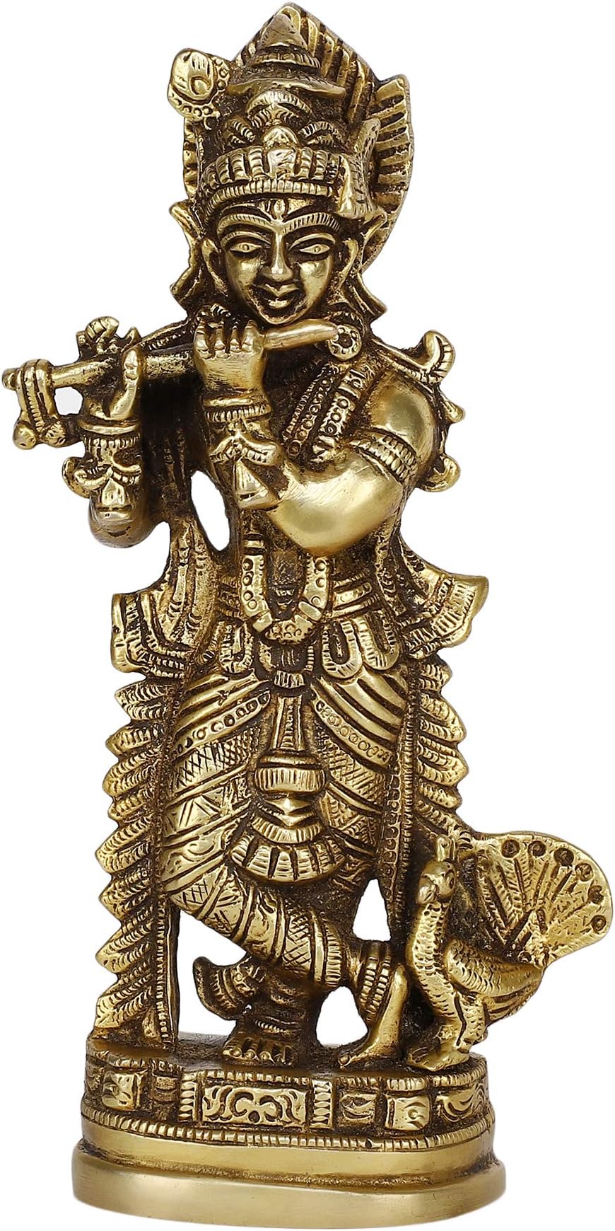 GURUJEE GURU JEE™ Brass Statue Lord Krishna Standing with Peacock for Gifts Puja Hinduism Decor
