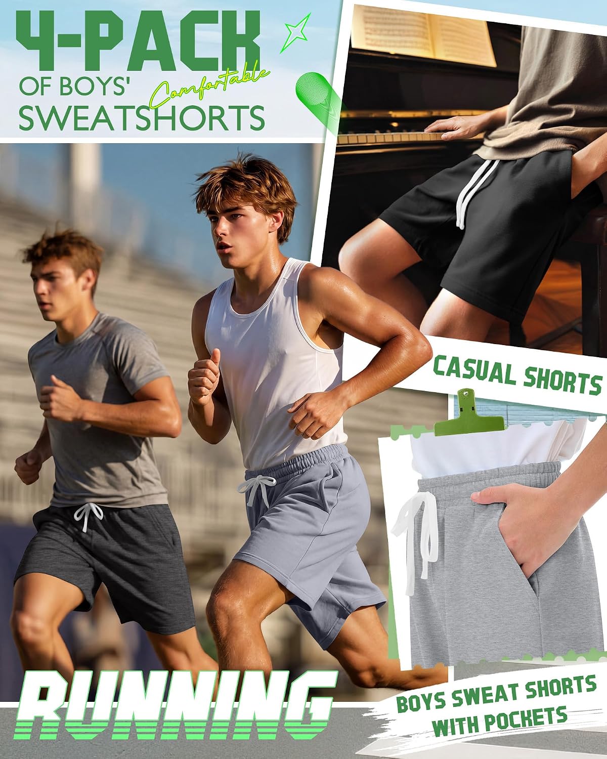 4 Pack Boys Shorts Athletic Sweat Shorts Teen Kids Summer Baggy Casual Drawstring Bottom with Pockets 6-16 Years