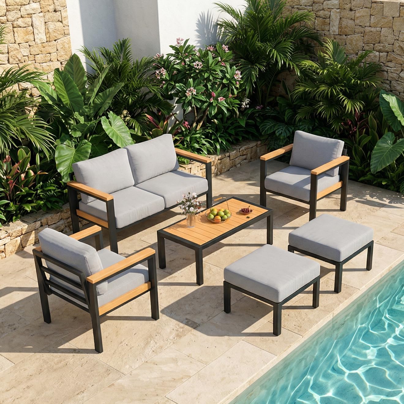 HOMREST Aluminum Outdoor Furniture Set, 6 PCS Metal Oversized Patio Furniture Set with Washable Cushions, Patio Conversation Set with Special Anti-Heat Armrest and Coffee Table, Gray