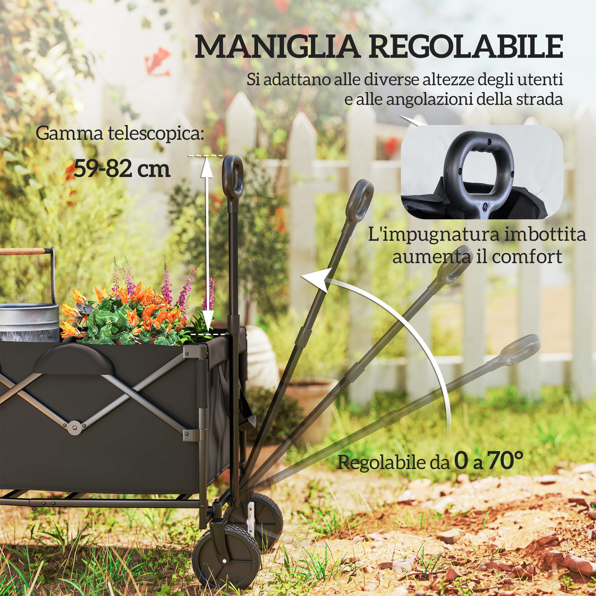 Outsunny Carrello Campeggio da 160L con 4 Ruote Girevoli, Carrello da Campeggio Pieghevole in Acciaio e Tessuto Oxford con Borsa Espandibile e Maniglia Girevole e Regolabile, 95x55x102 cm, Nero