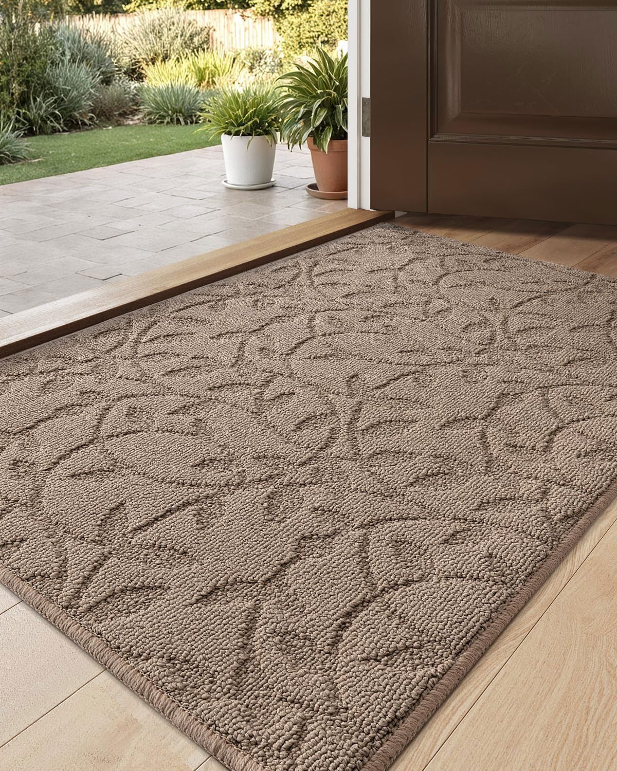DEXI Front Door Mat Inside Entrance 24x36, Non Slip Dirt Trapper Doormat, Low Profile Thin Entry Mat, Absorbent Easy Clean Welcome Mats for Entryway, Patio, Branch Leaf Beige