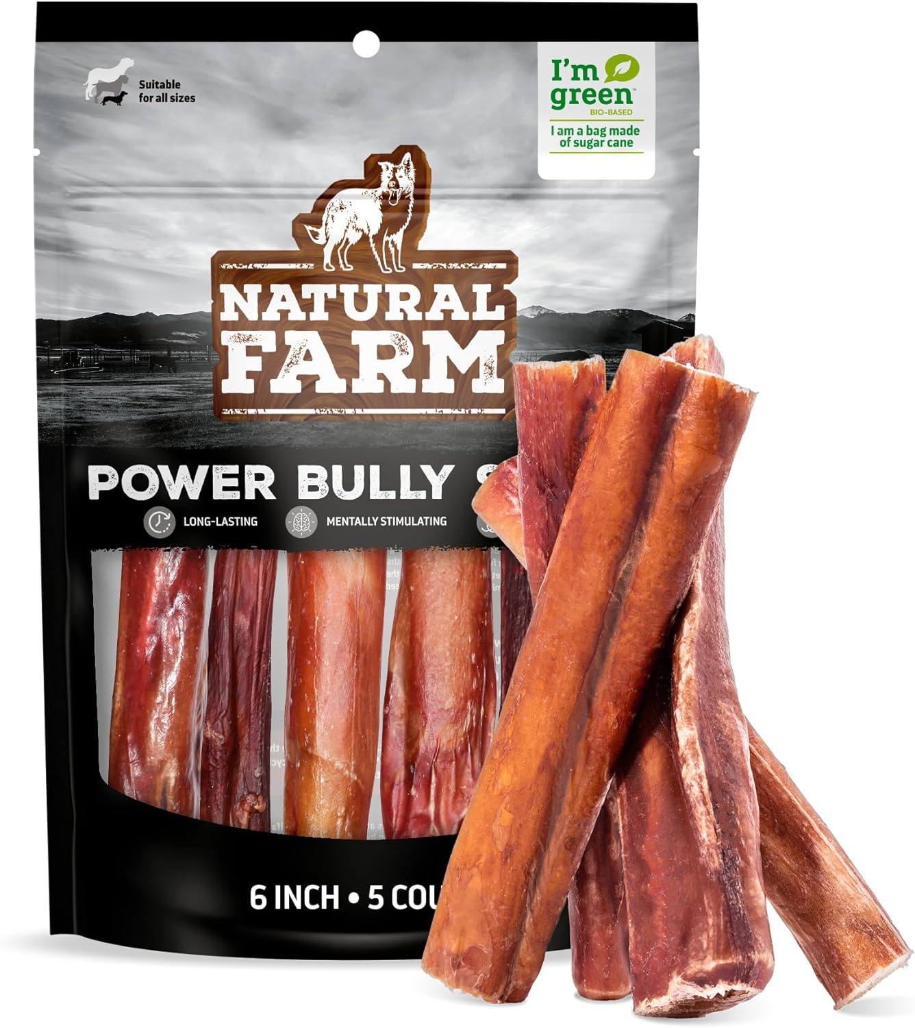 Natural Farm Power Bully Sticks Dog Chews (6”, 5-Pack), 2-in-1 Power Chews: Premium Beef Cheek Wrapped in Beef Pizzle, Long-Lasting, Great Dog Dental Treats Fro Small, Medium & Large Dogs