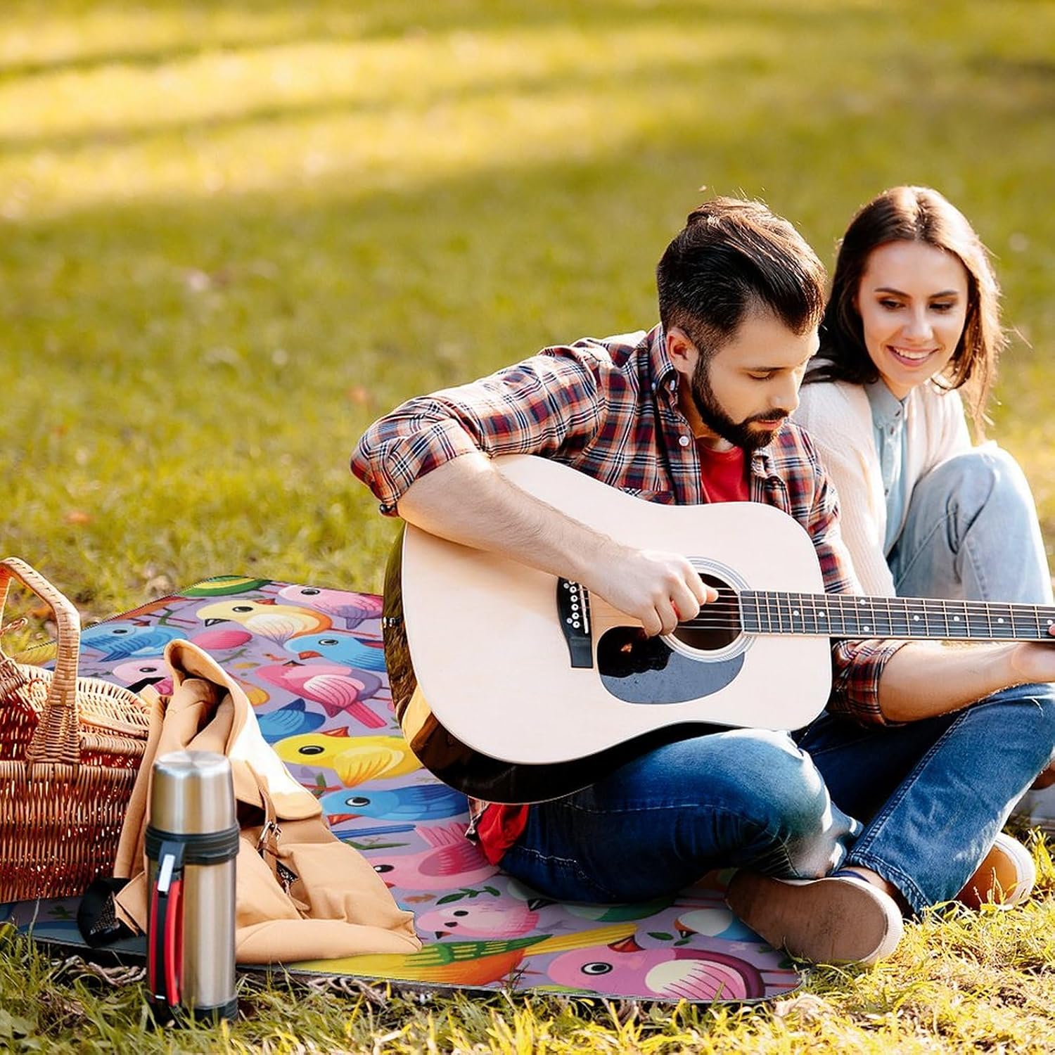Outdoor Picnic Blanket Extra Large Beach Blanket Waterproof Picnic Mat Colorful Birds Camping Blanket Portable with Carry Strap Park Blanket for Grass Camping Park