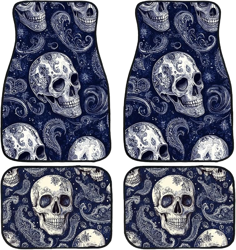 Jogo de Tapetes Automotivos PTWZJN Skull com 4 Peças, Estampa Gótica Paisley Floral, Borracha Antiderrapante, para Carro, SUV, Caminhão e Van