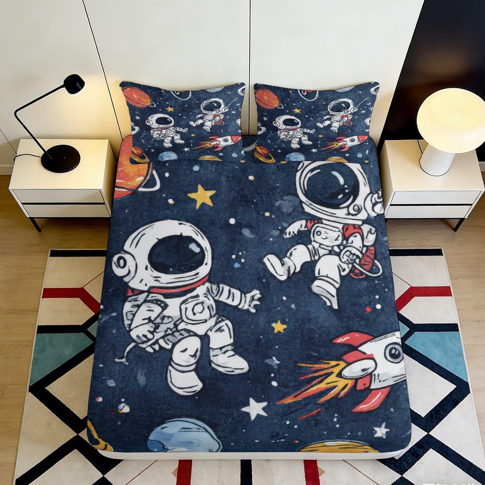 3D Printed Astronaut Space Fitted Sheet Microfiber Soft Durable Rocket Bed Sheet for Bedroom Dormitory Guest Room Mattress Protection Decor 180x200x25cm