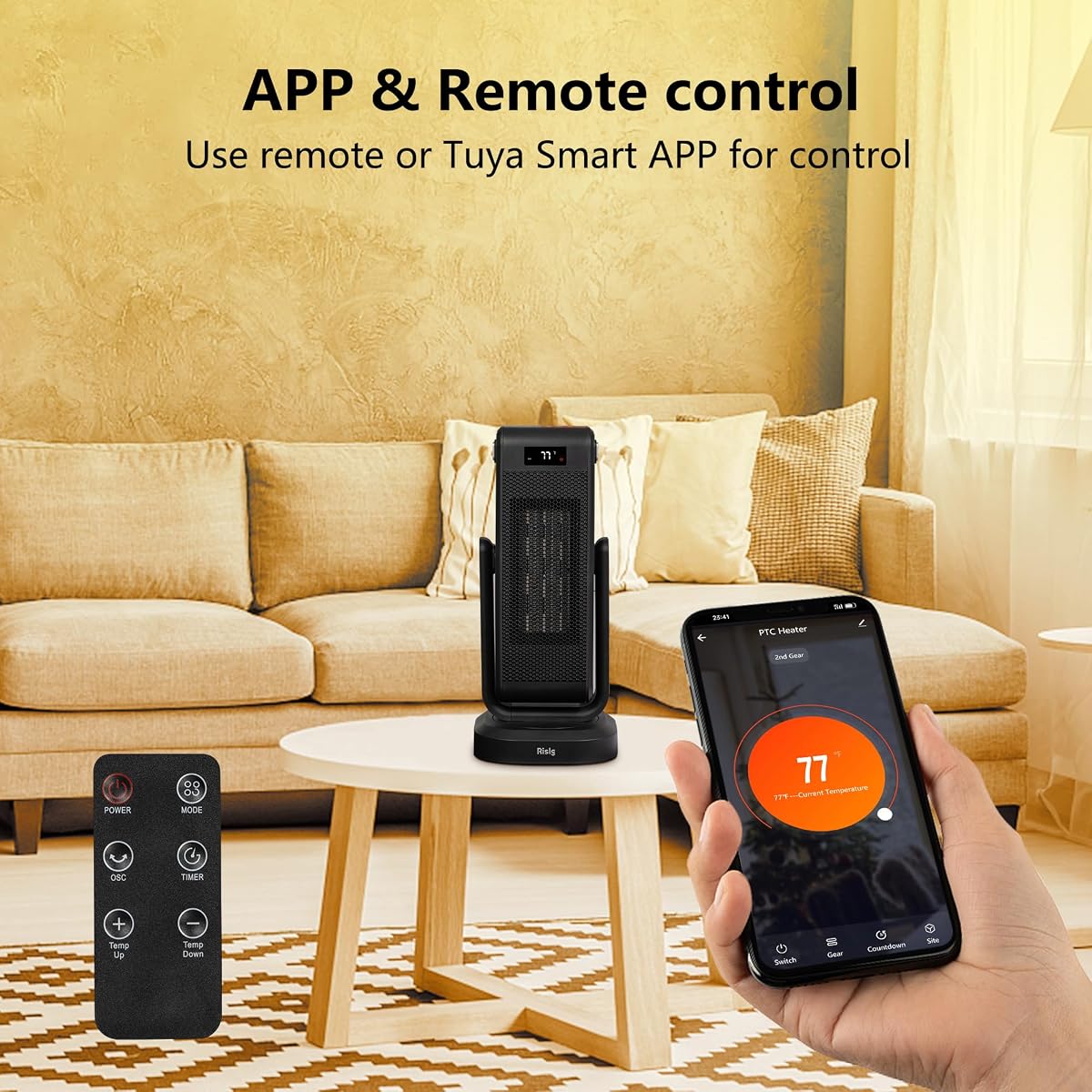 Portable Ceramic Space Heater With Thermostat - 1500W, 12H Timer, ECO Mode & Remote | Quiet Heater For Bedroom, Office, Garage