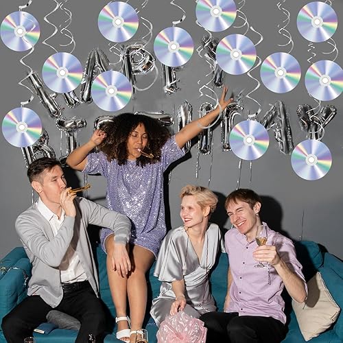 Miniatura 5 de Decoraciones de CD, Kaluofan 32 piezas de decoraciones de papel retro de los años 90, decoraciones de pared de CD iridiscentes para fiestas de