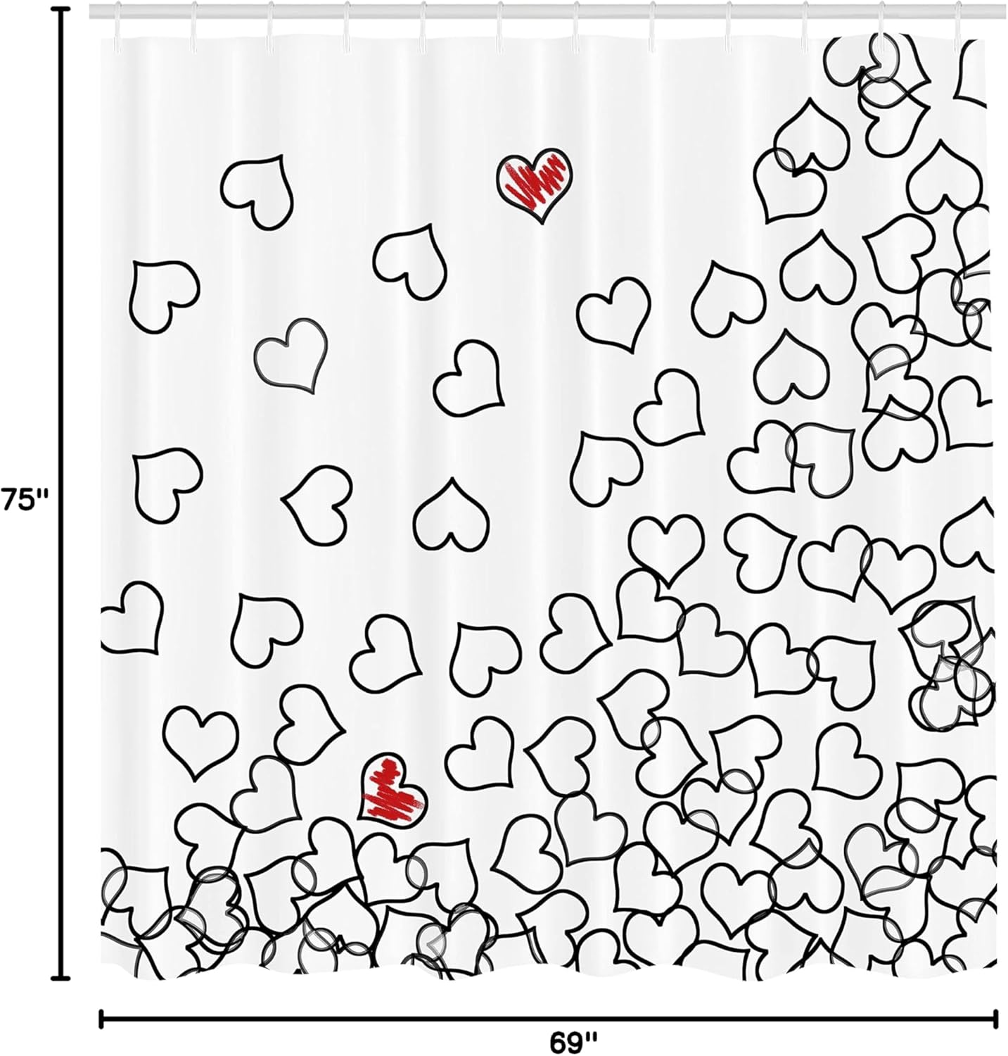 Ambesonne Black and White Shower Curtain, Heart Shapes Illustration Love You Bridal Wedding His and Hers Theme, Cloth Fabric Bathroom Decor Set with Hooks, 69" W x 75" L, White Red