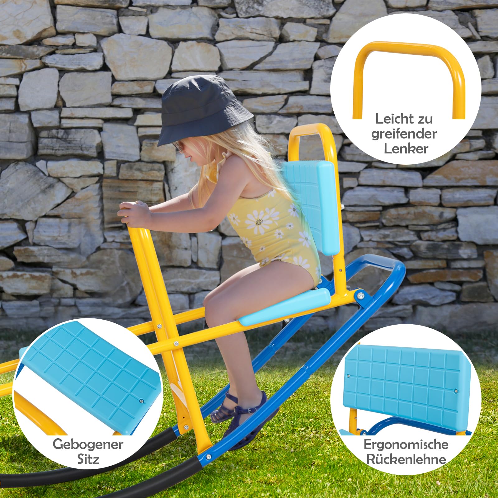 DREAMADE 3 Sitzer Kinder Wippe mit Rückenlehnen und Griffe, Schaukelwippe Metall 136x60x39cm, Karusselwippe Gartenwippe für Indoor und Outdoor, für Kinder 3-8 Jahren (Blau)