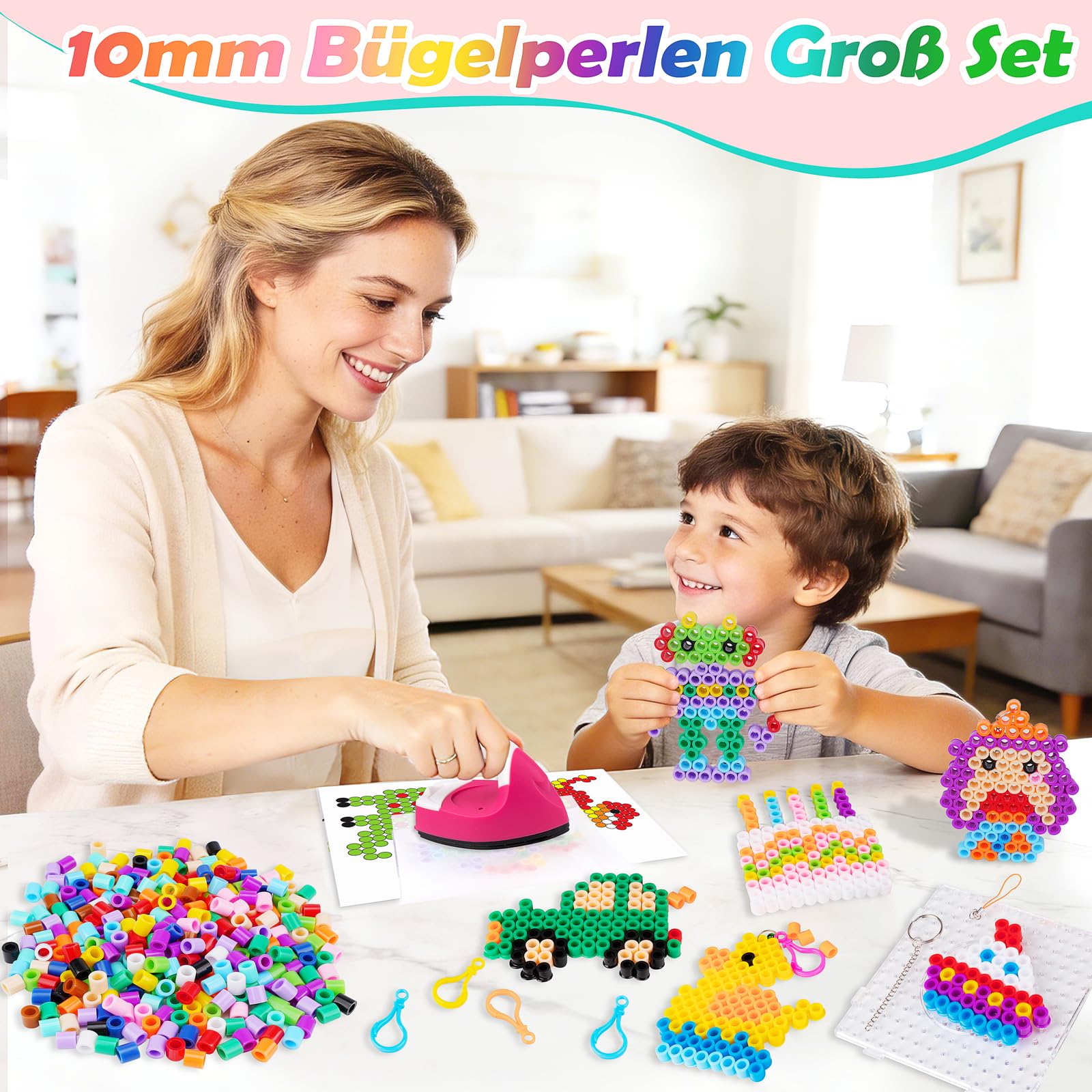 JelyArt Kit de Cuentas para Planchar 10mm - Juego Completo con 1500+ Cuentas XXL Hama Beads, Mini Plancha para Manualidades y Plantillas - Actividad Creativa para Niños desde 3 Años