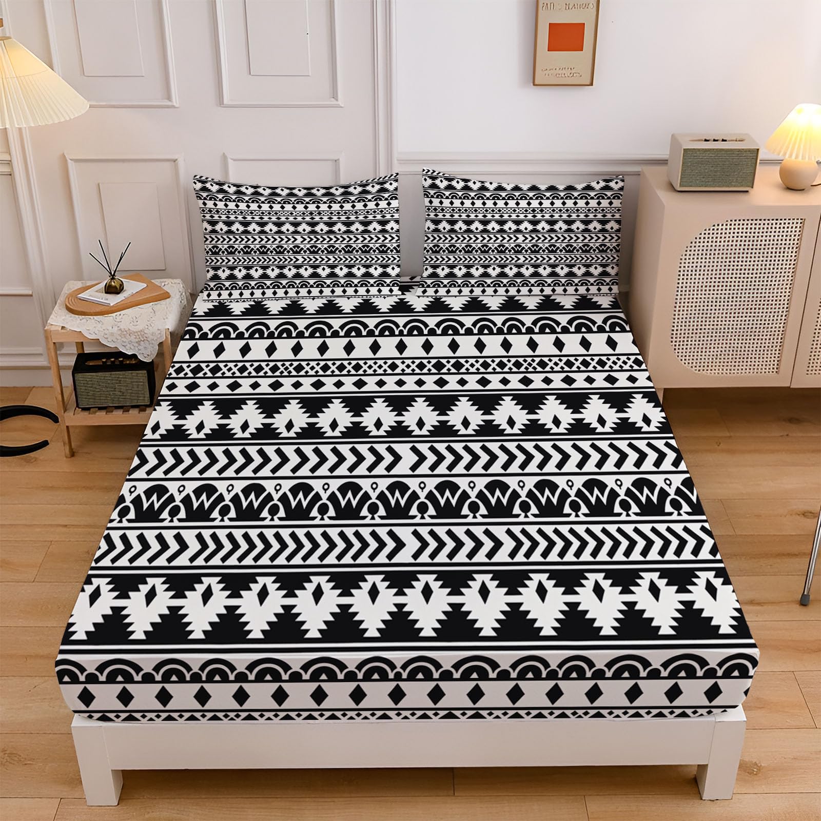 Sábanas 200X190/200Cm - Juego De Sábanas 3 Piezas Estampadas Geométrico De Diamante - Microfibra Suave Transpirable - Sábana Bajera Ajustable - Ropa De Cama Bohemio Tradicional (Blanco Y Negro)