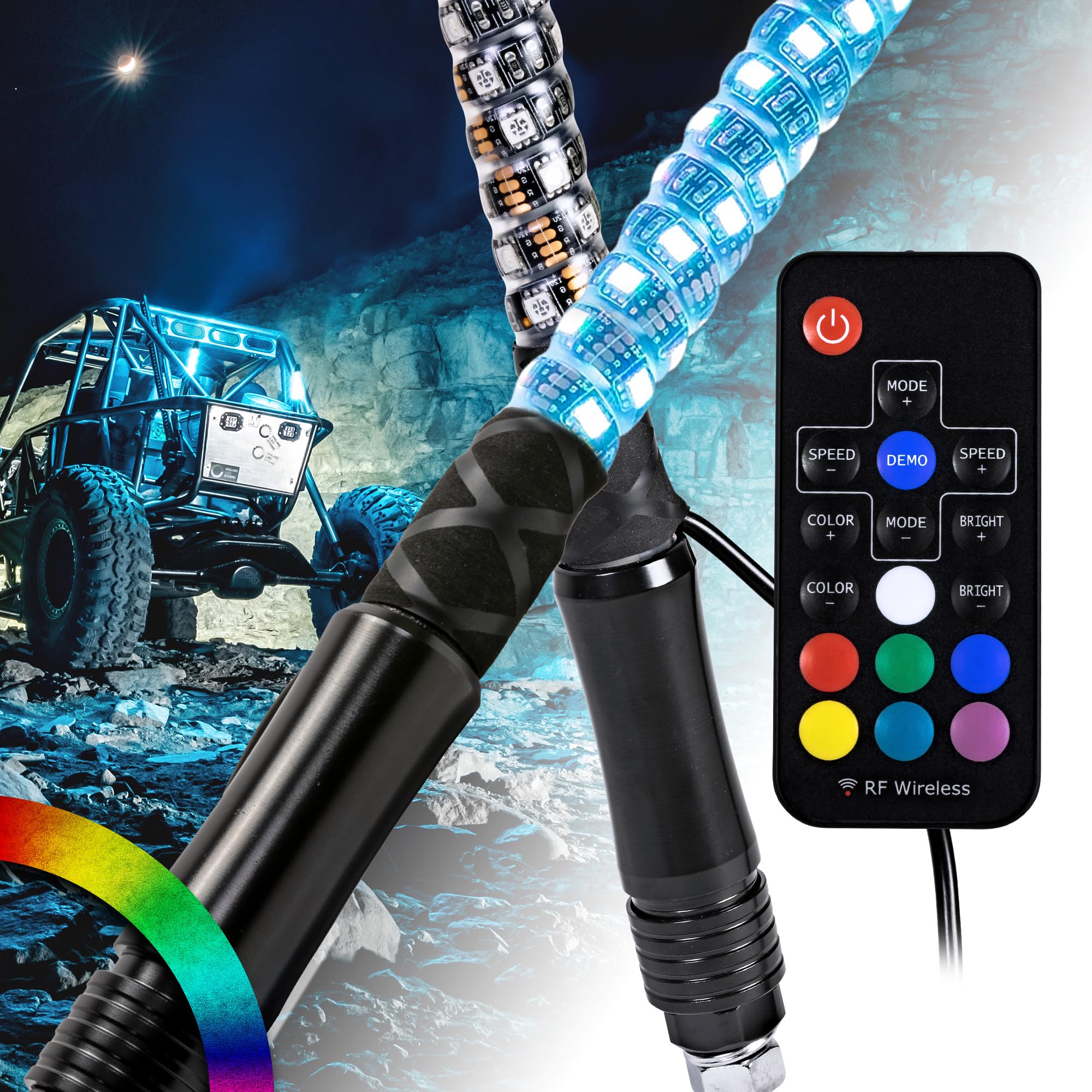 True MODS 2pc 1ft Spiral RGB LED Whip Light for UTV ATV RF Wireless Remote