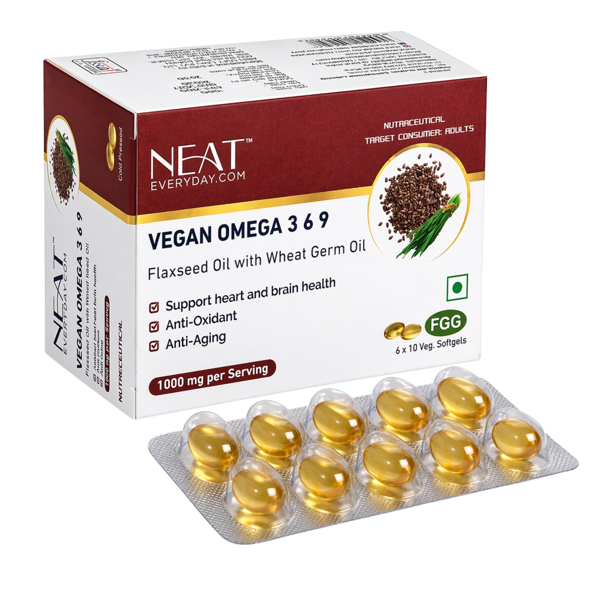 NEAT Vegan Omega 3-6-9 Softgels Capsules Blister 1000mg Per 2 Capsules | Flaxseed,Sunflower & Wheat Germ Oil For Heart, Brain, Skin & Joint Health | No Fish Oil | Vegetarian 60 Capsules-image-30