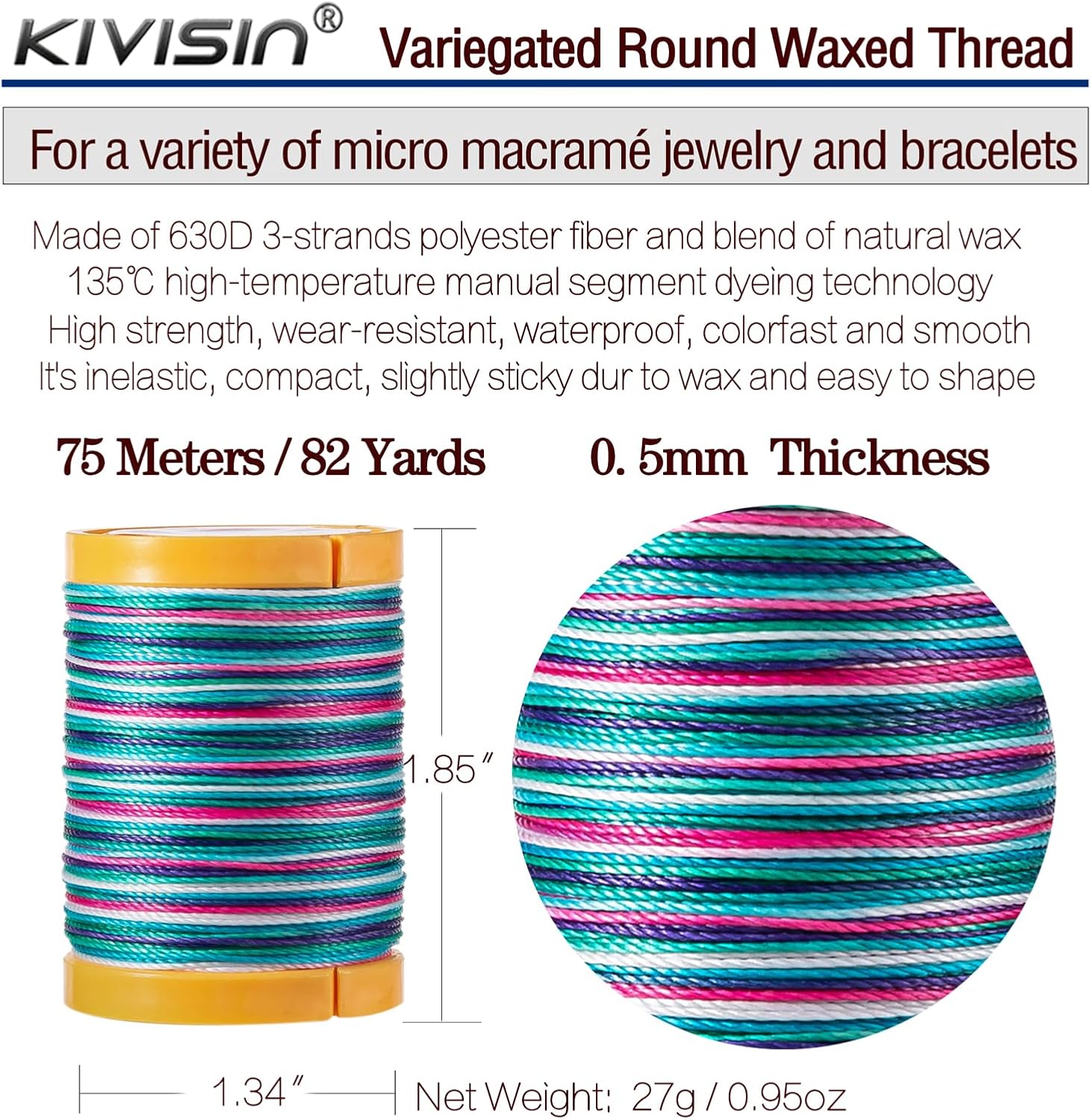 Variegated Gradient Waxed Thread 8 Vibrant Colors, 0.5mm Round Wax Coated 3 Ply Polyester Thin Cord for Micro Macrame, Bracelets, Jewelry, kumihimo, Sewing, Knotting, and Crafting -82 Yards/Spool