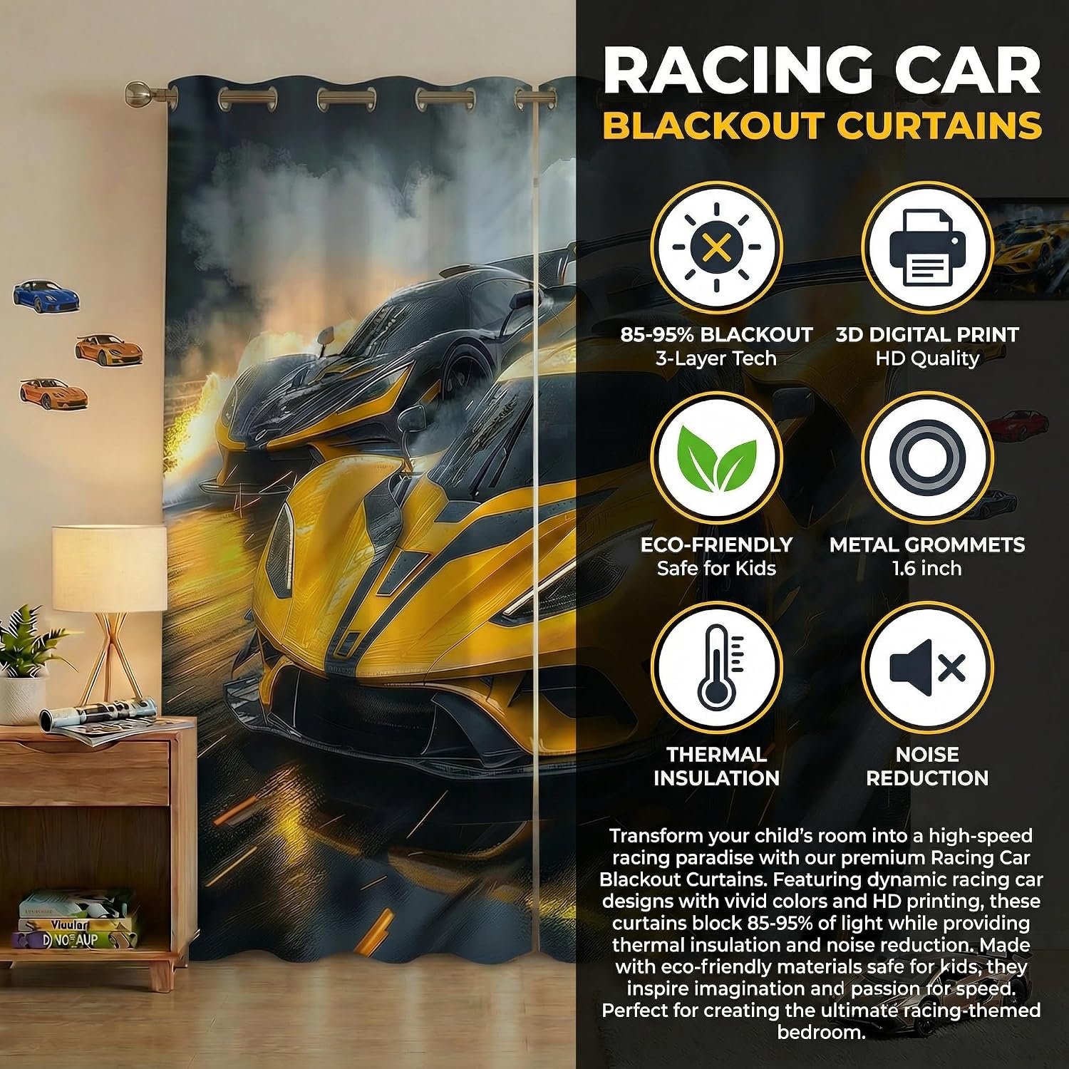 Race Car Blackout Curtains for Girls Boy Home Decor, Extreme Sports Race Competition Kids Grommet Thermal Insulated Drapes Darkening Window Curtain for Bedroom Living Room, 42 x 63 Inch