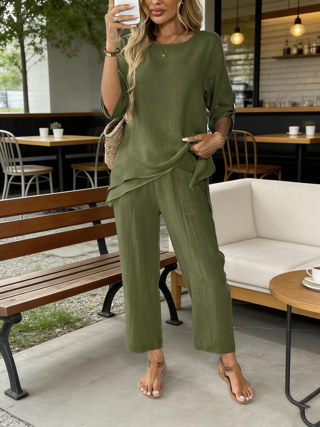 Women's Linen 2 Two Piece Set Summer 3/4 Sleeve Top and Wide Leg Ankle Pants Outfit Casual Beach Vacation Suits