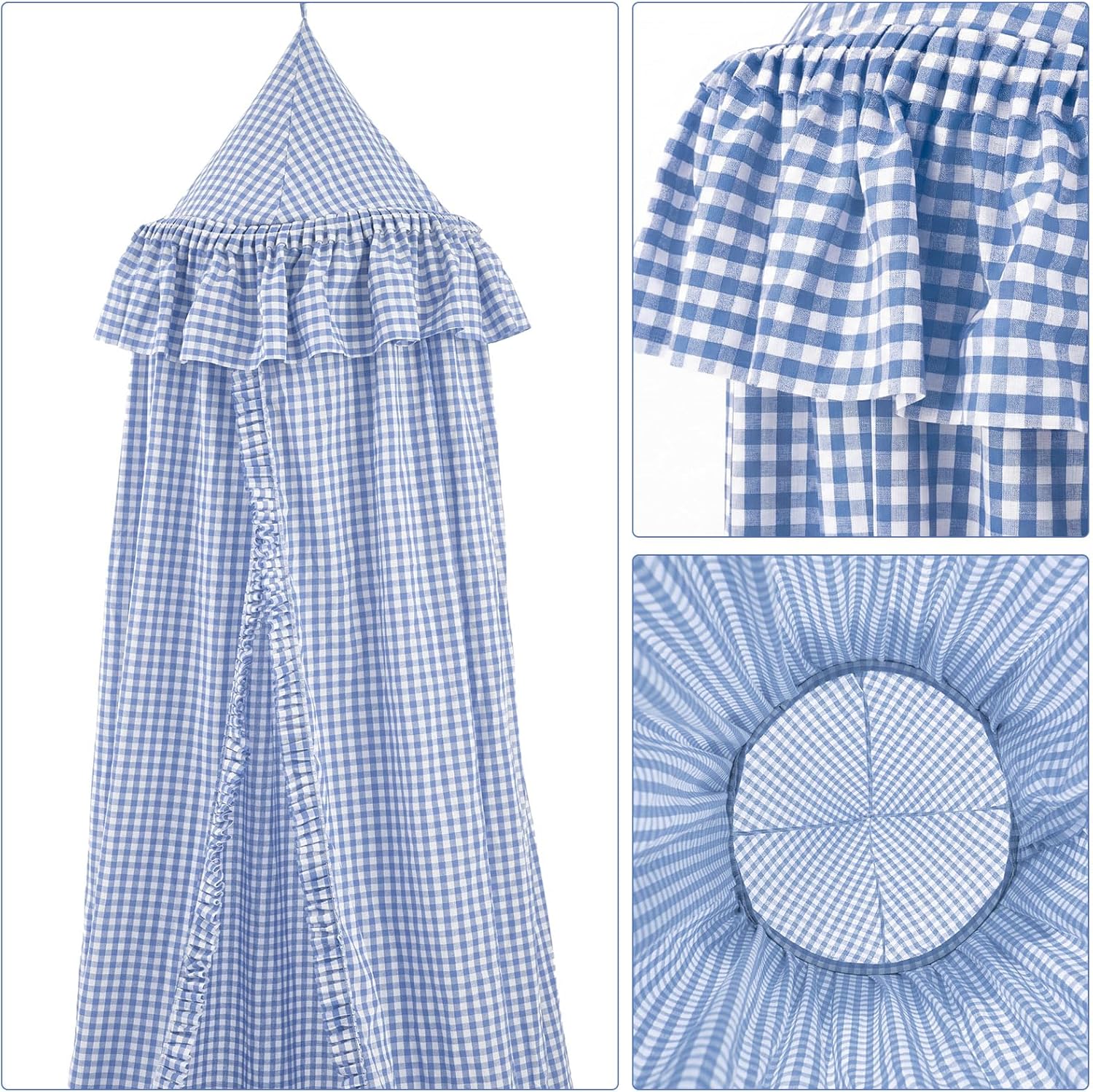 SmoothNovelty Gingham Plaid Bed Canopy with Ruffles Soft Vintage Style Decorative Tent for Reading Nook Play Area or Adult Bedroom Circus Tent Canopy(Blue)