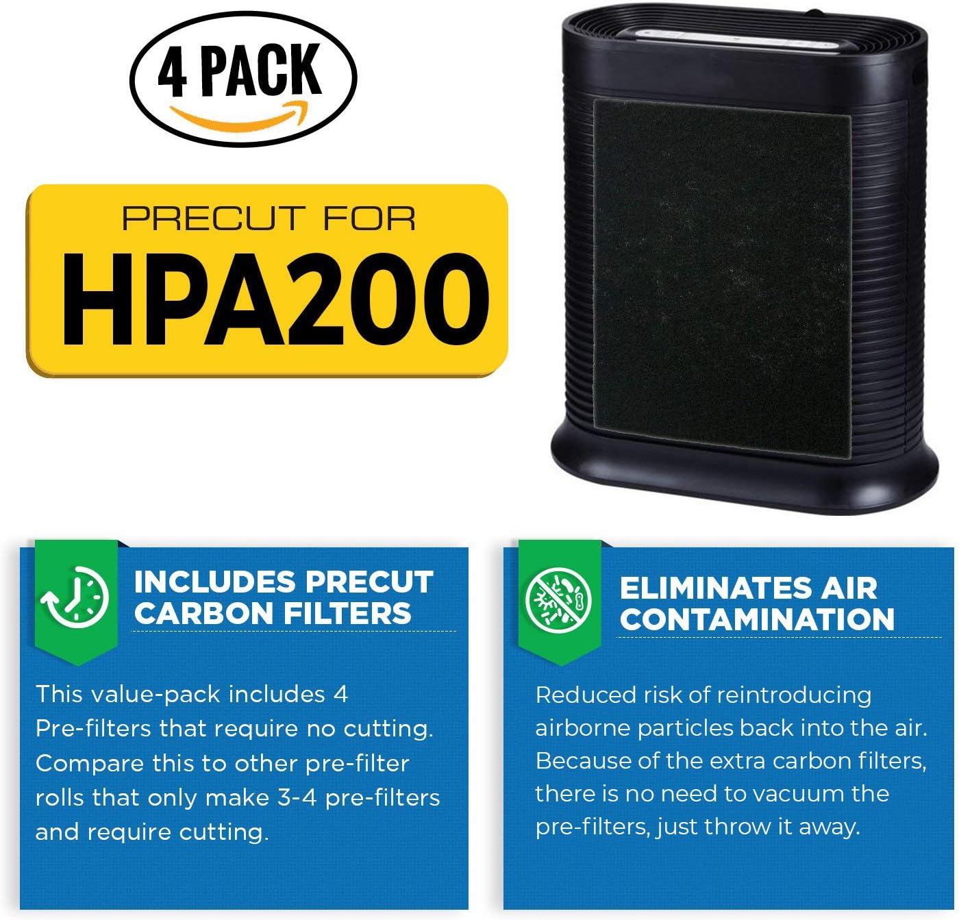 VEVA HEPA Filter Replacement 6 Pack - Includes 2 Premium, Precut HEPA Filters and 4 Carbon Air Purifier Filter Replacements - Compatible w/ HPA200, 202, 204, 250B and Filter R