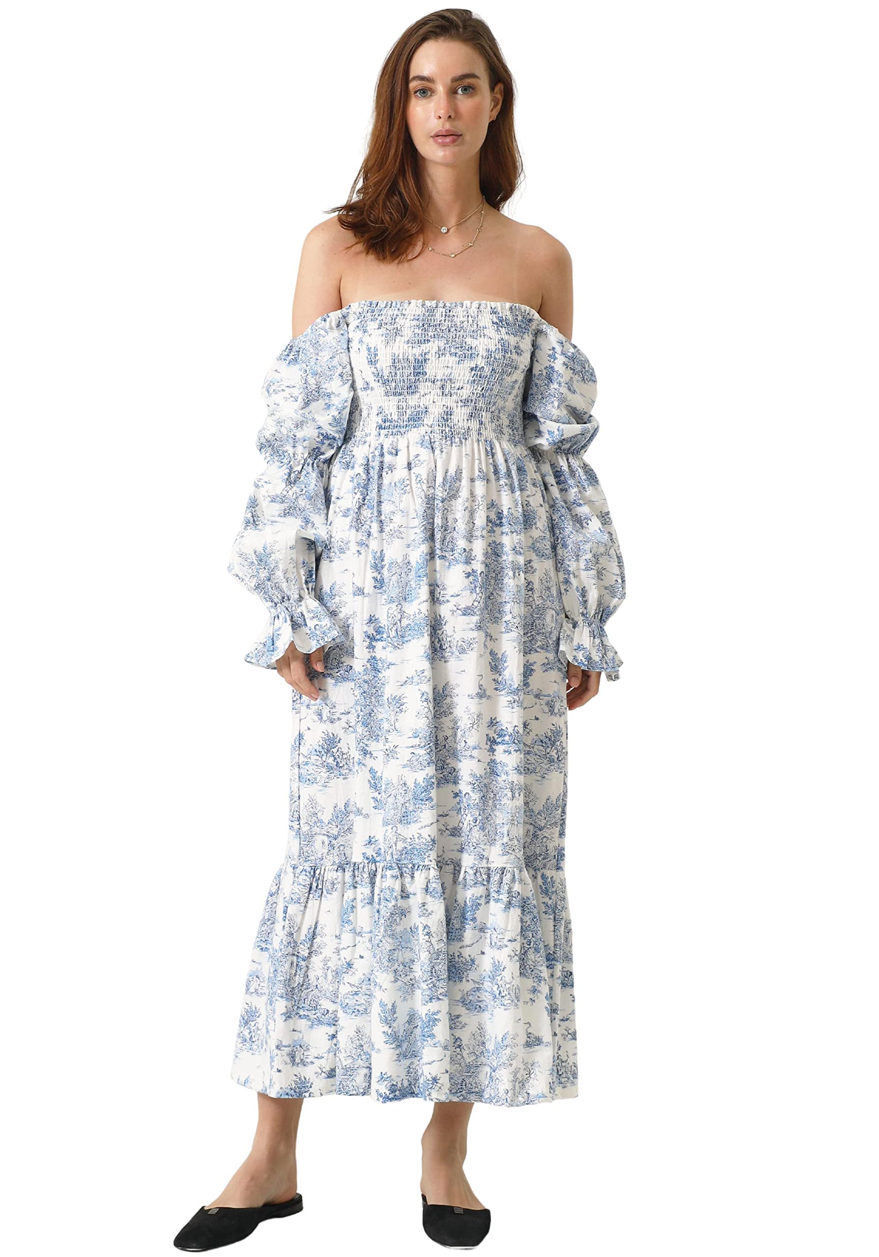 NOTHING FITS BUT Women Linen Cotton Dress, Floral Pattern Yuki Gown, Women Casual Dress, Off Shoulder Frock