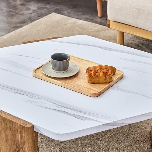 Miniatura 4 de LKTART Mesa de centro hexagonal moderna con mesa de mármol blanco sintético y patas tonificadas de madera, muebles para sala de estar, montaje