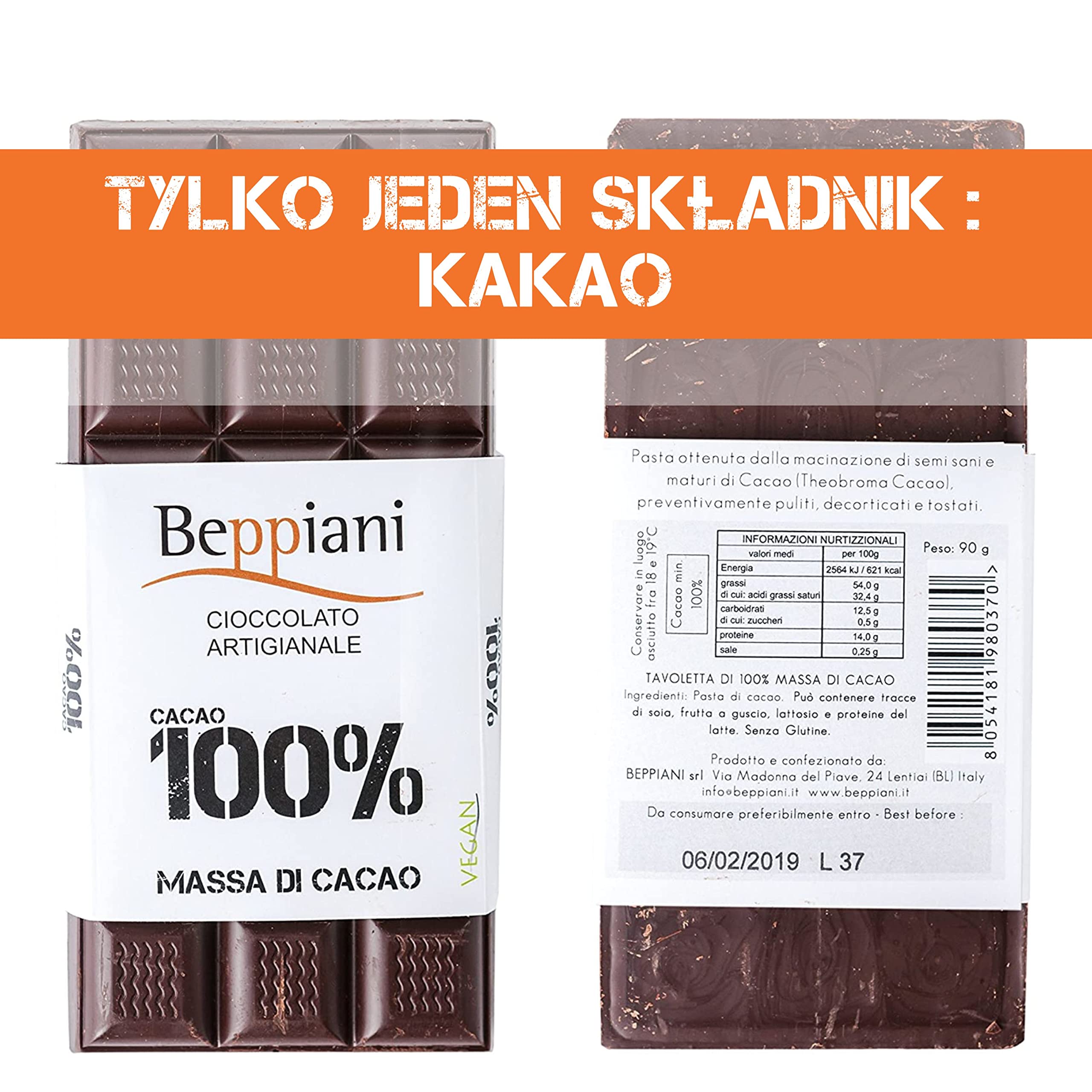 Beppiani 100% Masy Kakaowej Czekolada Artisan Wegańska Bez Cukru Zestaw 11 sztuk Made in Italy