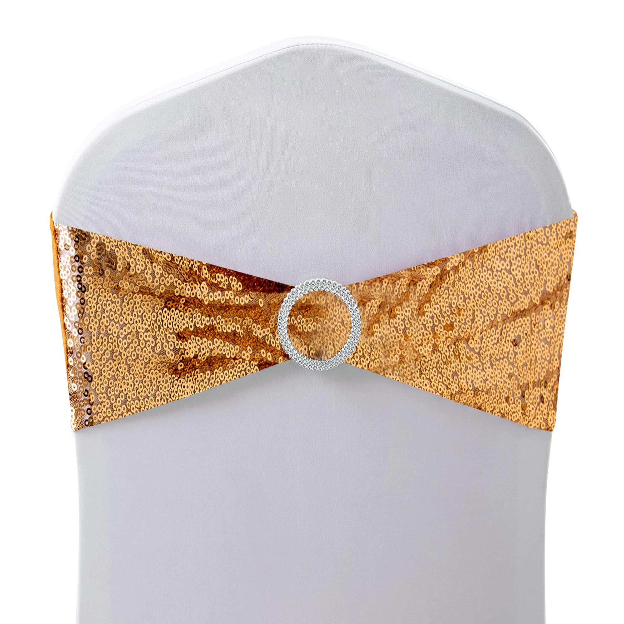 Trimming Shop Sequin Chair Band with Slider Buckle, Stretchy Fabric Chair Band Sash, Elastic Wedding Chair Cover Band for Party, Reception, Banquet, Gold, 100pcs โ image 1