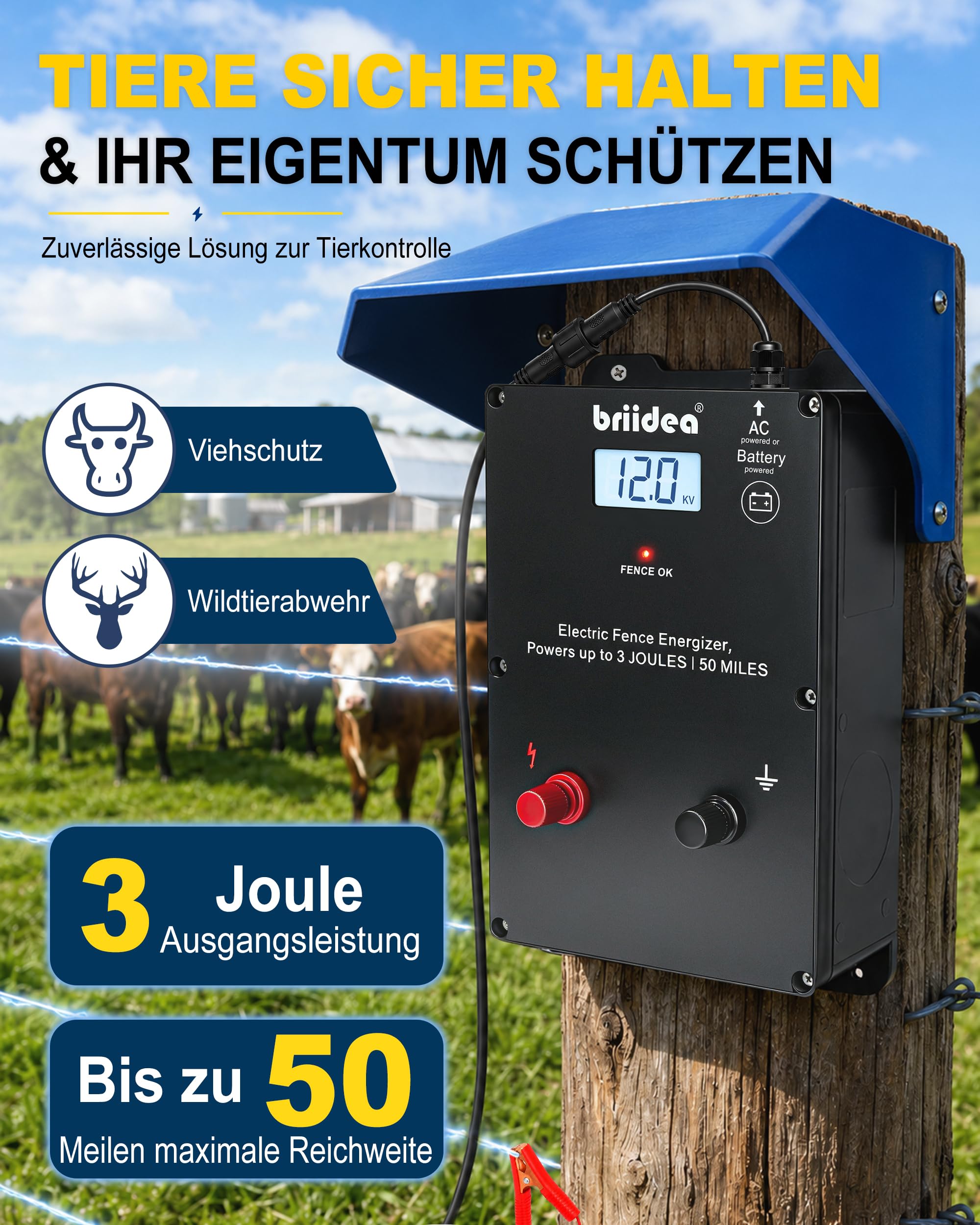 Briidea Ogrodzenie elektryczne, 12 kV, 3 J, urządzenie do pastwiska 50 mil