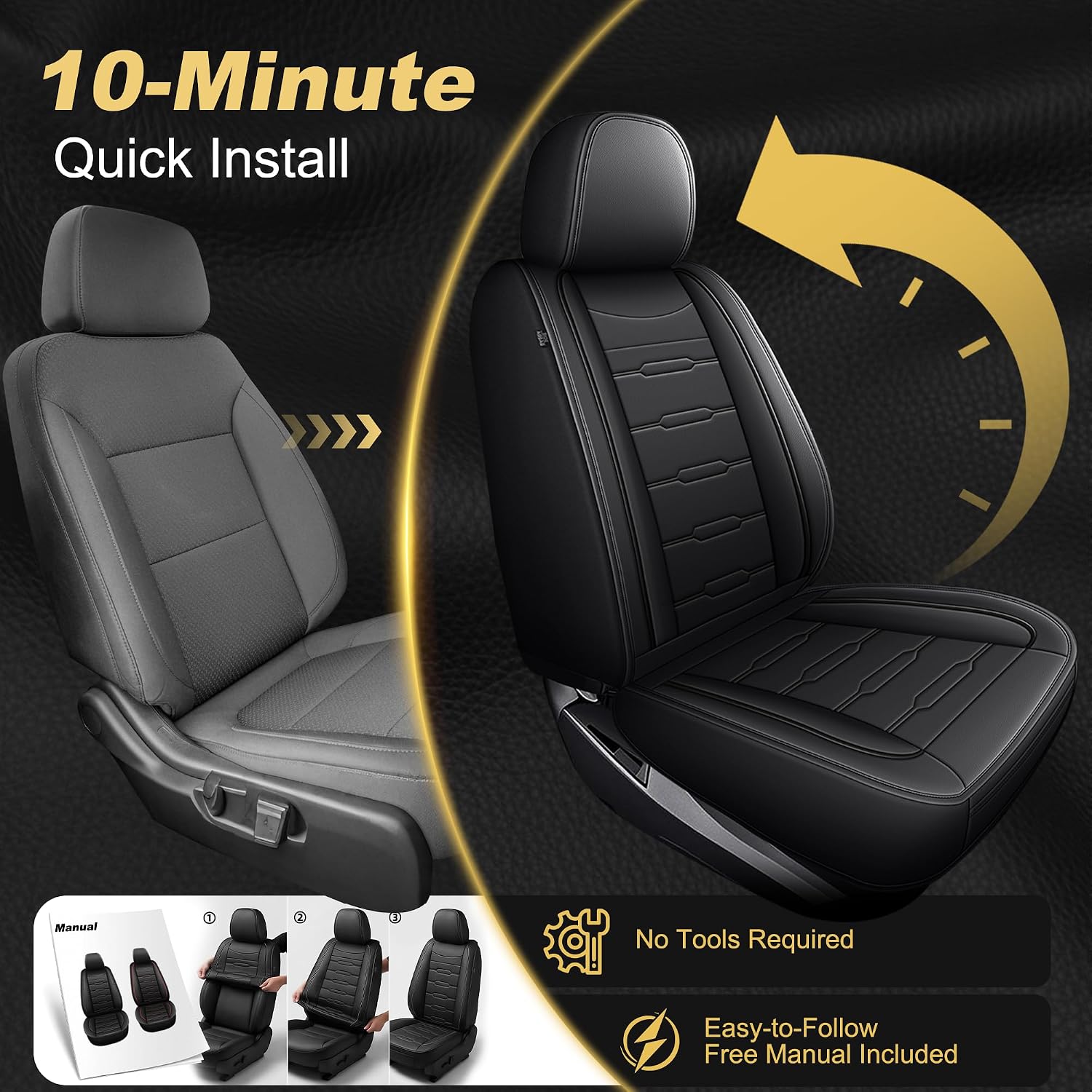 AOMSAZTO Seat Covers Custom Fit for 2007-2025 2026 Chevrolet Chevy Silverado GMC Sierra 1500 2500HD 3500HD Crew Double Extended Cab Leather Truck Car Seat Covers Full Set (Classic,Black)