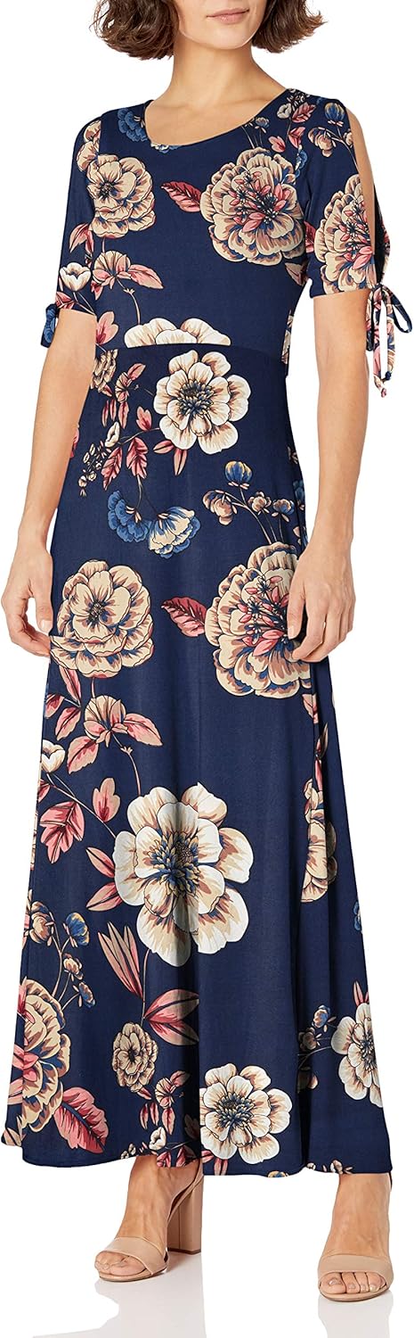 Star Vixen Womens Petite Short/Slit Sleeve Keyhole-Back Skater Seam Maxi Dress