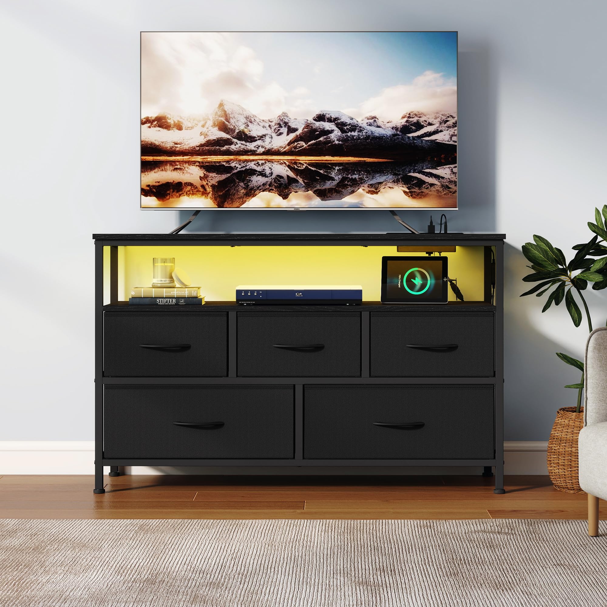 SONGMICS Chest of Drawers with LED Lights and Charging Station, Fabric Storage Cabinet, 5 Drawers, Open Shelf, 98.7 x 30 x 68.1 cm, Ink Black, Bedroom Furniture, BELLAH Collection LGS723BH03