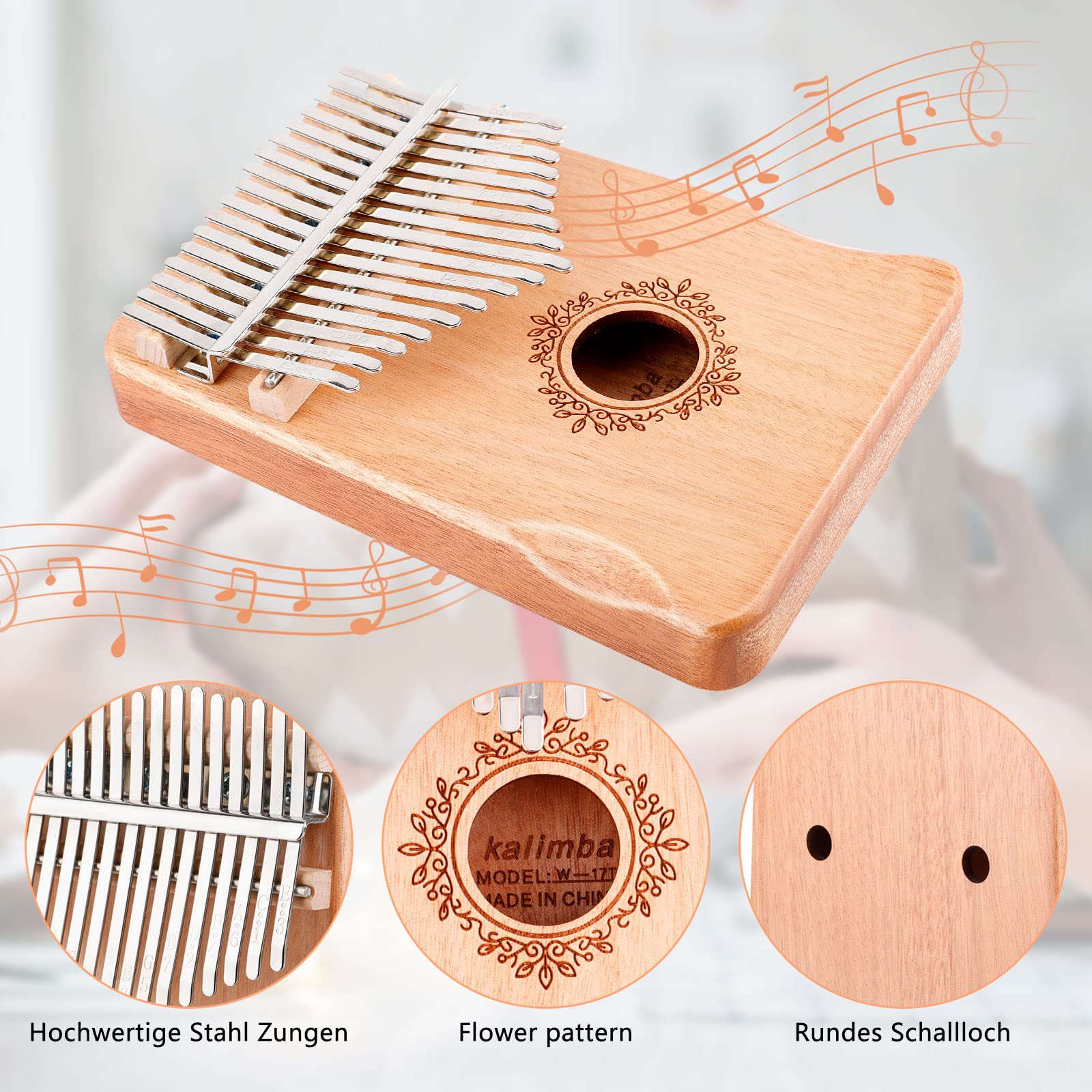 Kalimba 17 Teclas,Kalimba Piano de Pulgar Instrumento,Calimba Thumb Piano Profesional Instrumentos,Piano Marimba de Pulgar de Madera de Tono Sólido de con Martillo de Afinación y Accesorios