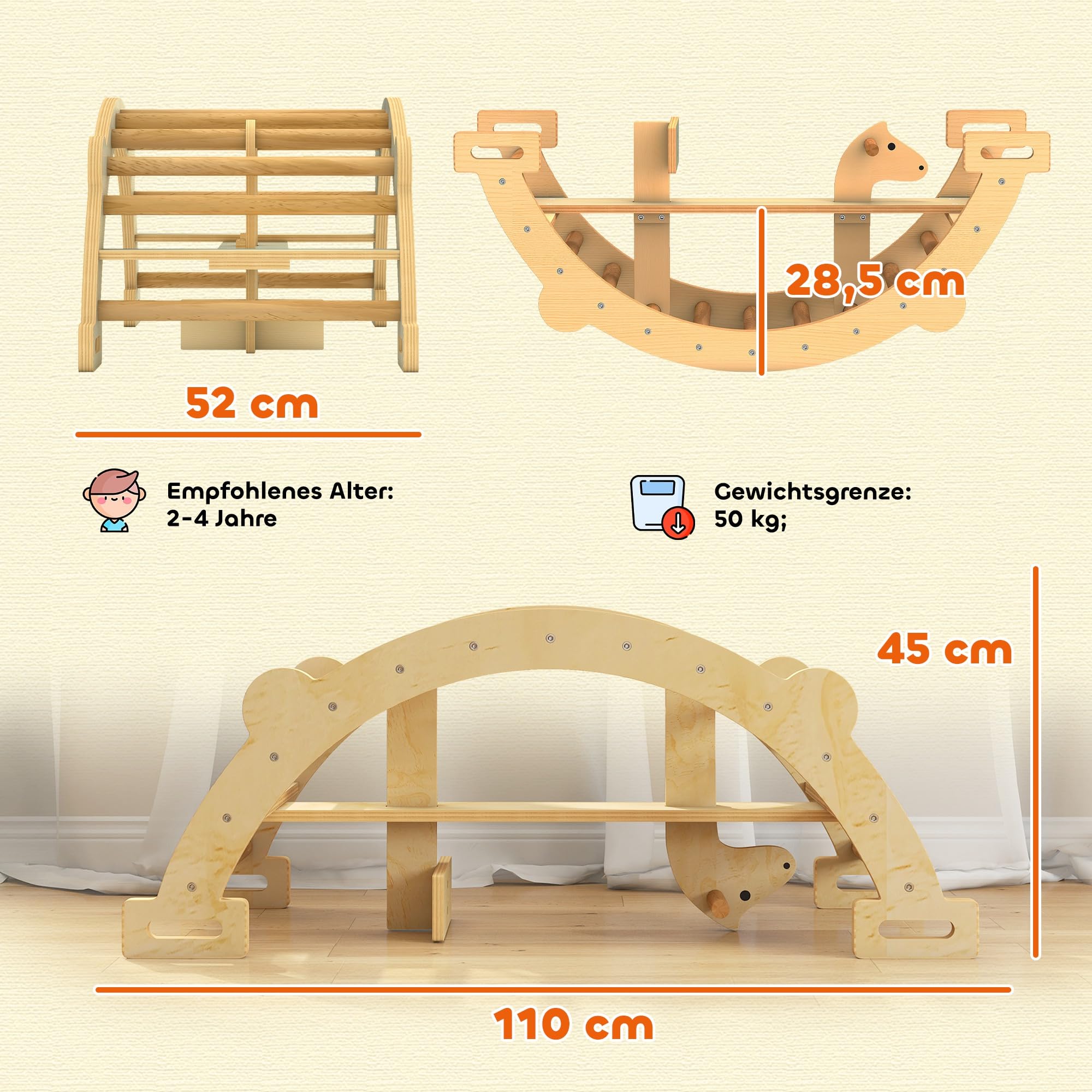 AIYAPLAY Montessori zestaw wspin. 2w1 łuk wspinaczkowy, dzieci 2-4 lata | Indoor, koń na biegunach, zabawka wspinaczkowa z drewna.
