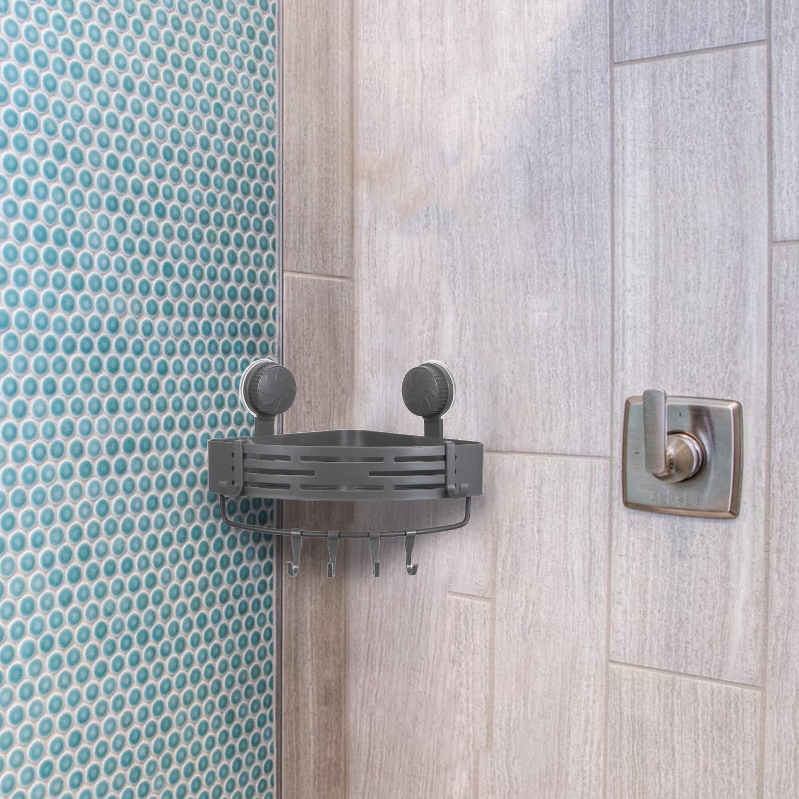 Mensola Angolare Triangolare da Bagno Ventosa 2 Pezzi Abs | Montaggio a Parete senza Fori, Ganci Inclusi, Grande Capacità per Cosmetici e Rasoi, Uso in Cucina e Armadio