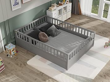 Full Size Floor Bed with High Fence and Door, Kids Bed Full Size, Wood Montessori Bed for Kids, Girls, Boys, Gray Montessori Floor Bed, Full Floor Bed Without SlatsGray Full
