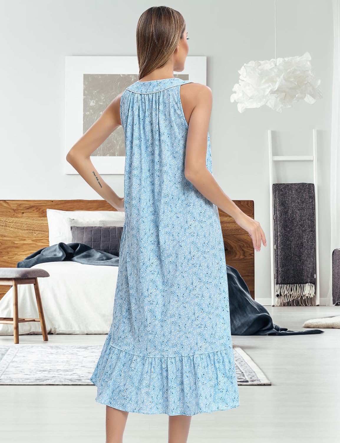 FMIRREO Cotton Nightgown for Women Sleeveless Soft Comfy Night Gown Ladies Long Nightdress Kintted Sleepdress