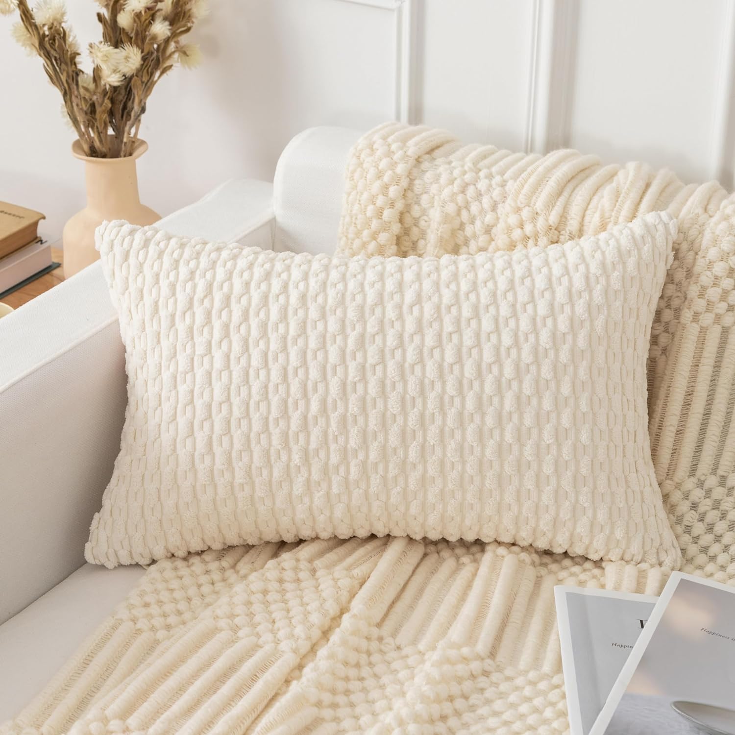 UGASA Soft Corduroy Decorative Pillow Cover 12x20 Inch Boho Striped Oblong Throw Pillow Cover Modern Home Decor for Sofa Living Room Couch Bed Cream White, 1 Piece