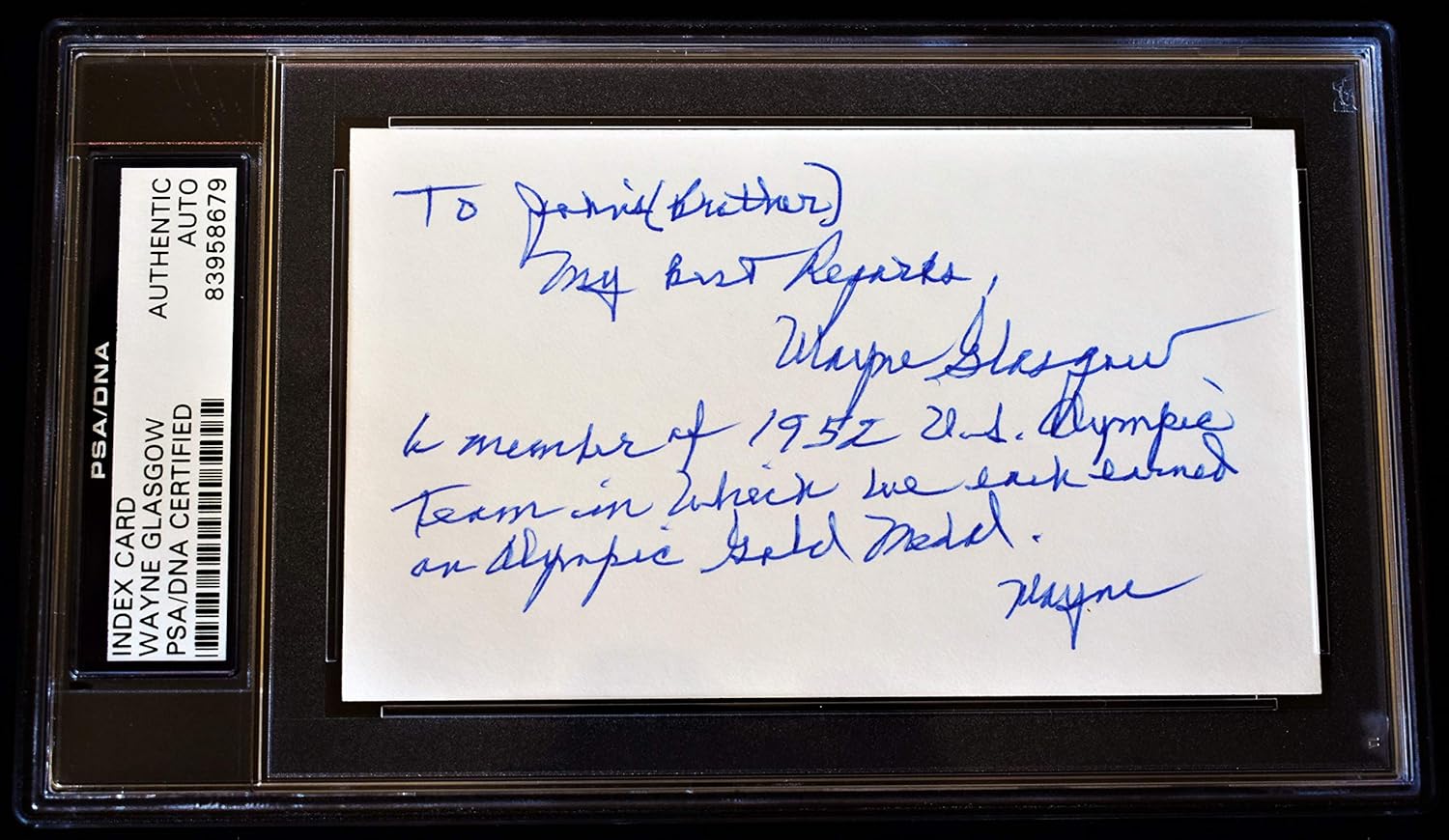 Wayne Glasgow Signed - Autographed Oklahoma Sooners Basketball 3x5 Index Card with TONS OF INSCRIPTIONS - 1952 Gold Medalist - Deceased 2000 + PSA/DNA COA