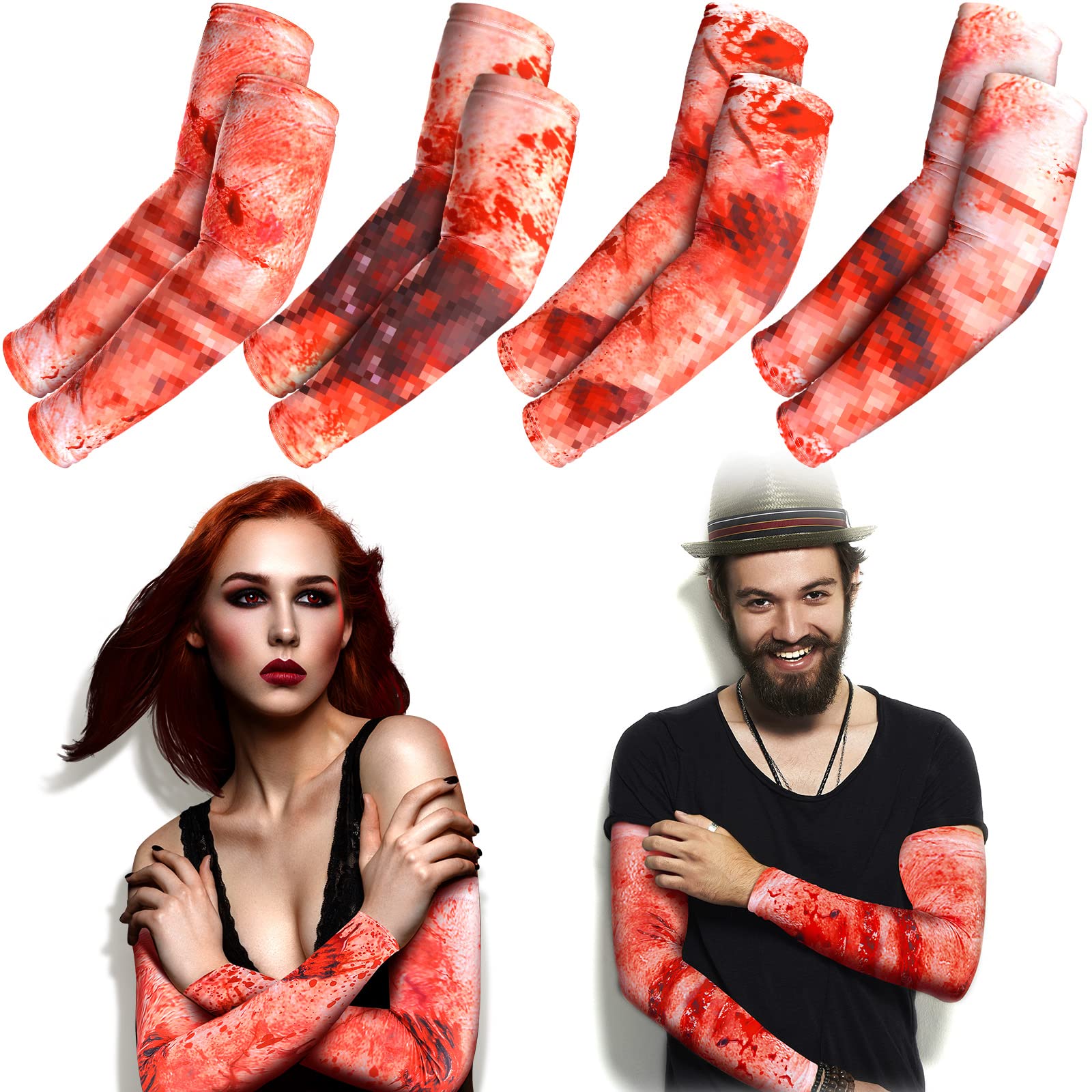 Eurzom4 Pairs Zombie Bite Party Sleeves Halloween Arm Temporary Tattoo Sleeves Set for Women Scar Men Tattoo Covers